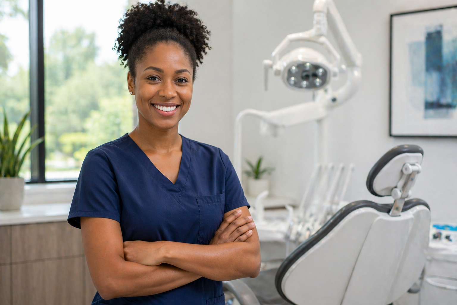 Smiling clinician in modern dental office